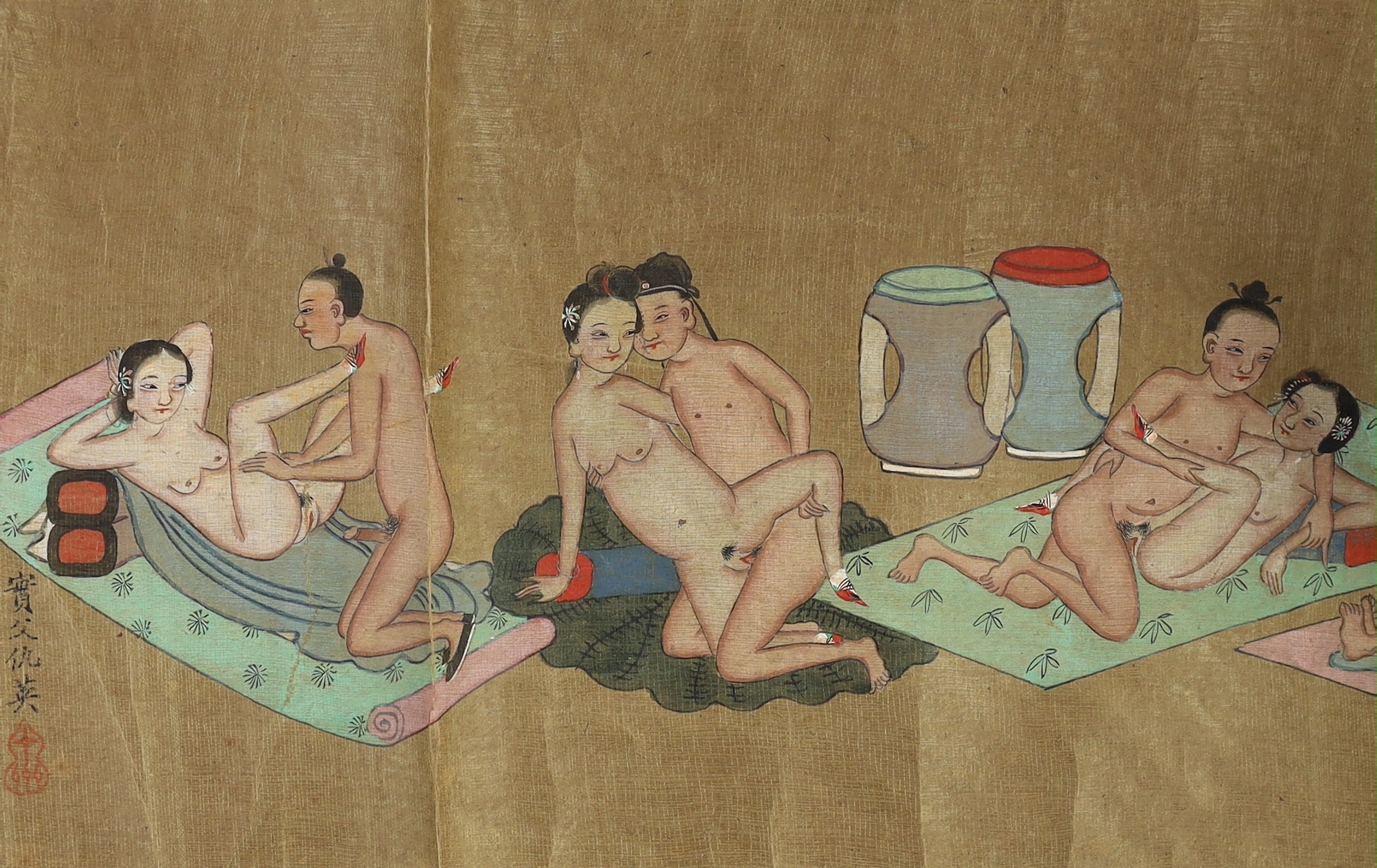 A Chinese erotic hand scroll on silk, early 20th century